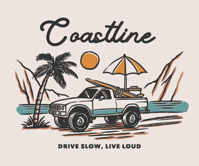 A pickup truck parked by a beach coastline with a surfboard, umbrella, and palm trees, rendered in a vintage summer color palette with retro adventure vibes. © Invasistudio