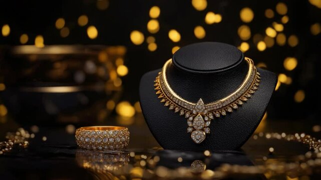 Elegant Gold and Diamond Jewelry Display on Black Background for Luxury Product Showcase