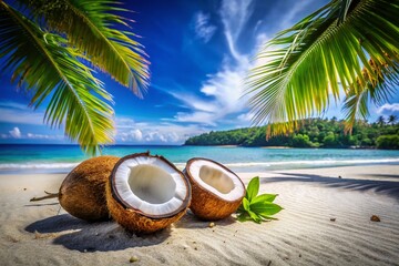Tropical Beach Scene: Two Coconuts, One Sliced Open, on White Sand