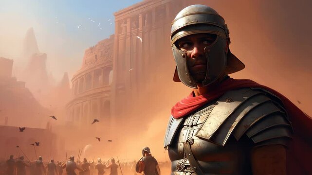 A detailed depiction of a Roman soldier in a historical urban setting, evoking ancient times.