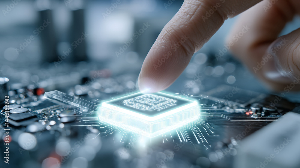 Poster closeup of a finger interacting with a glowing microchip circuit board technology image data wire to