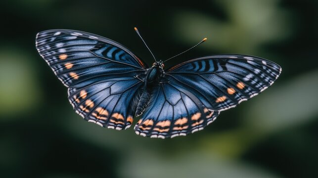 Blue butterfly in flight, garden background, nature photography, stock image