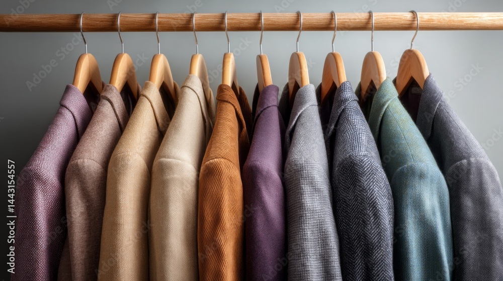 Poster stylish jackets hang neatly in a well-structured closet, showcasing a variety of colors and textures