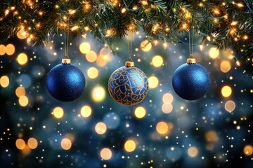 Fototapeta premium Blue Christmas ornaments hanging from garland with bokeh lights