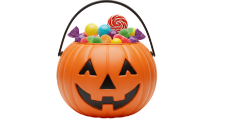 trick or treat bucket isolated on transparent background, halloween treat bucket isolated on transparent background, scray pumpkin bucket isolated on transparent background

