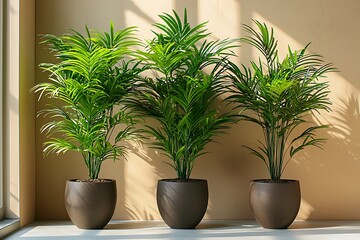 Three potted palms bask in sunlight