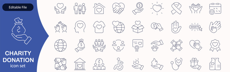 Charity and Donation set of web icons in line style. Volunteering and donation icons for web and mobile app. Help, caring, solidarity, alms, donate, volunteer, care, charity and more. Editable stroke