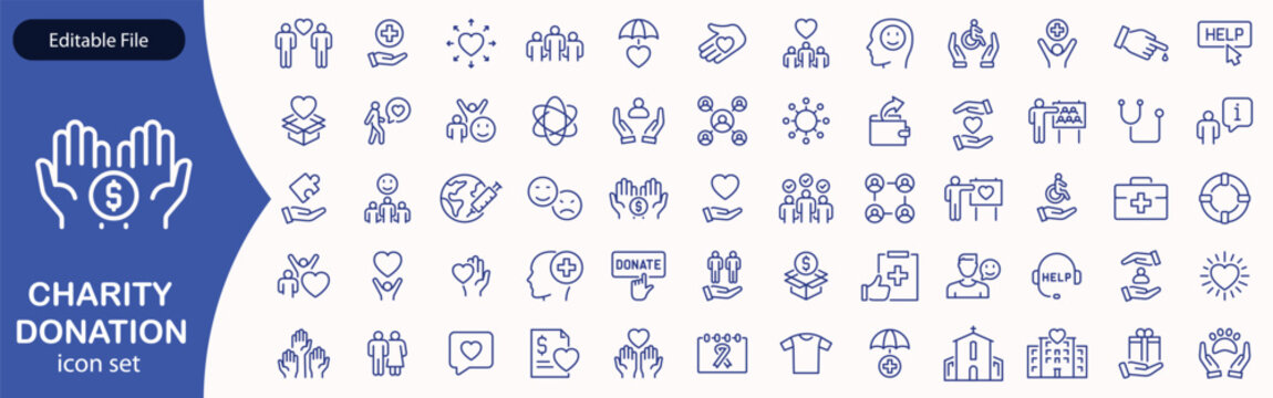 Charity and Donation set of web icons in line style. Volunteering and donation icons for web and mobile app. Help, caring, solidarity, alms, donate, volunteer, care, charity and more. Editable stroke