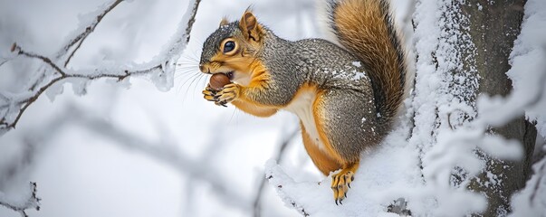 Fototapeta premium Squirrel sits in a snowy tree eating a nut