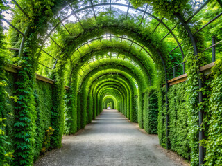 Obraz premium A long tunnel with green vines on the walls