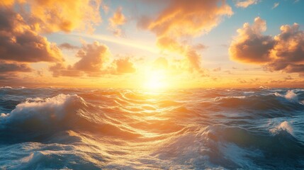 Obraz premium Vibrant Ocean Sunset with Golden Clouds and Waves