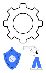 Gear symbolizing process, shield with a check mark for security, and a person rating with stars. Ideal for teamwork, security, ratings, progress, efficiency concepts, systems simple landing page