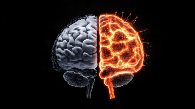 Artistic Representation of Human Brain with Half in Gray Matter and Half in Fiery Explosion for Educational Purposes