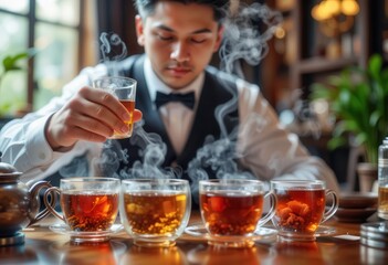 Expert tea brewing at a cozy tea house with steam rising from cups during a tranquil afternoon