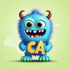 Fototapeta premium Cute_Blue_Monster_Cartoon_Character_Holding_CA_Letters_Smiling_Funny_Monster_Illustration_with_Horns_and_Big_Eyes_Whimsical_Monster_Art_for_Kids_and_Designers