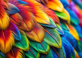 Obraz premium Vibrant Exotic Bird Feathers: Close-Up Macro Photography of Multicolored Plumage