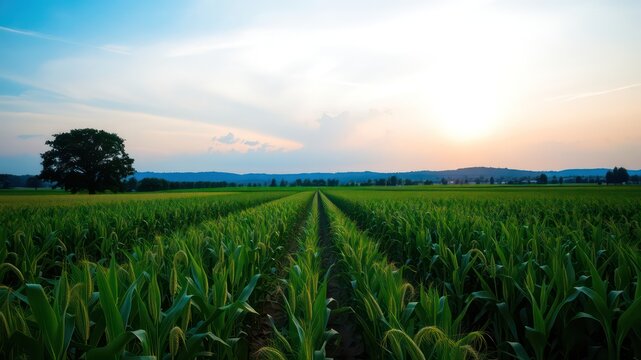 Serene sunset over a vast cornfield, rows stretching to the horizon, a lone tree in the foreground - Powered by Adobe
