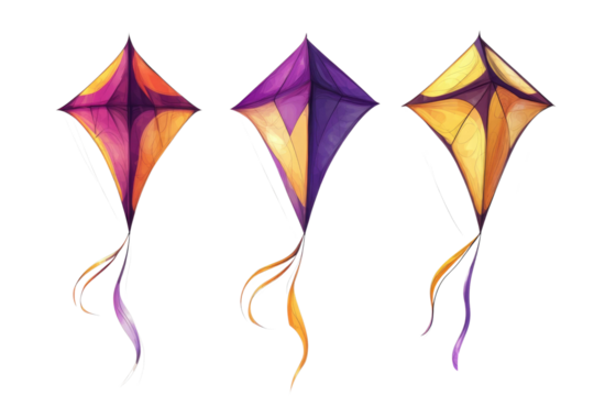 Colorful kite flying isolated on white background PNG