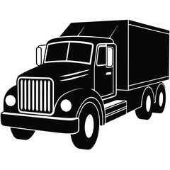 Truck, silhouette of delivery box truck from front and side, Silhouette of logging truck illustration logo vector, Semi truck silhouette front view black and white vector art in white background.Truck