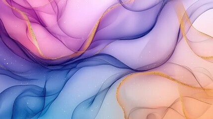 Ethereal abstract background with colorful flowing waves and glittering gold accents