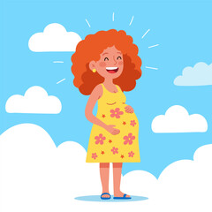 Vector illustration of happy pregnant woman with red curly hair, Flat style. Isolated colorful character for maternity, motherhood, parenting, healthcare and female well-being concepts.