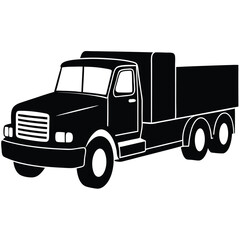 Truck, silhouette of delivery box truck from front and side, Silhouette of logging truck illustration logo vector, Semi truck silhouette front view black and white vector art in white background.Truck