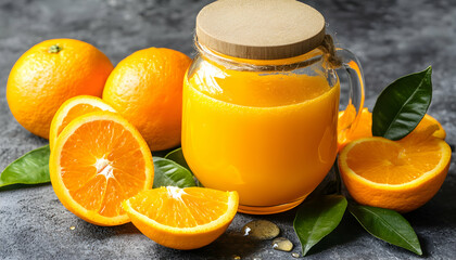 Freshly squeezed orange juice in a glass jar with oranges and leaves.  Perfect for healthy lifestyle and food blogs.