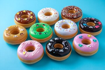 Fototapeta premium Colorful and Fun Decorative Donuts on Blue Background
