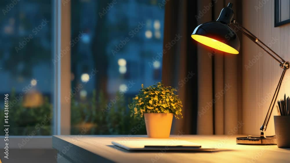 Poster A simple office desk setup with a lamp and a small plant.