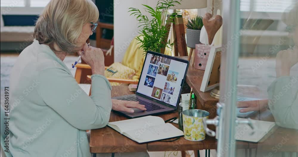 Poster senior woman, laptop and digital marketing in remote work for research, website or homepage design. 