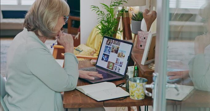 Senior woman, laptop and digital marketing in remote work for research, website or homepage design. Elderly female person, freelancer or designer browsing web on computer for UX or UI testing at home
