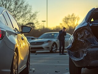 Naklejka premium Fender bender incident between two cars parking lot photo evening close-up traffic safety awareness