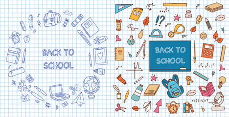 School banner with doodles drawn with pen on a sheet of squared notebook paper. Back to school plain and colored banners. Sets of colorful hand-drawn stationery and school supplies.