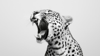 Roaring leopard portrait, black and white