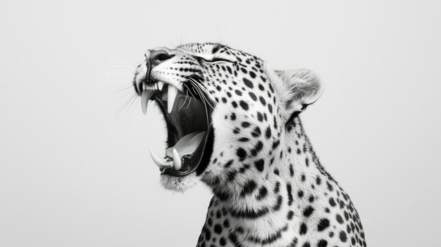Roaring leopard portrait, black and white