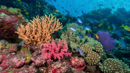 Fototapeta premium A colorful underwater coral reef teeming with marine life