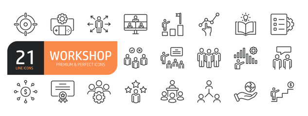 Set of line icons related to Workshop, team building, teamwork, coaching, motivation, meeting, managing and more. Outline icons collection. Editable stroke. Vector illustration.