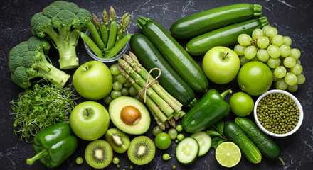 Assorted Green Fruits and Vegetables on a Dark Background