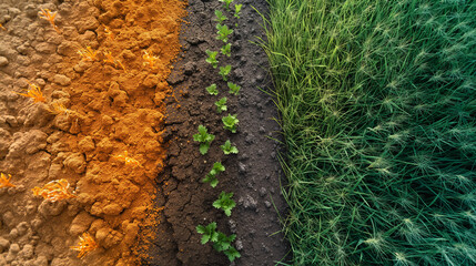 Split-screen aerial view showing agricultural transformation before and after precision farming with healthy and unhealthy crop fields
