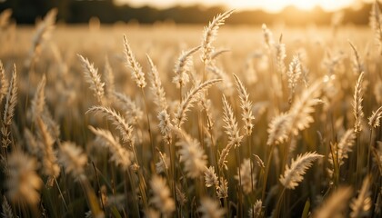 Fototapeta premium Golden Field of Wheat at Sunset with Warm Sunlight and Soft Focus