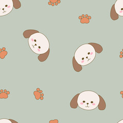 Vector seamless pattern with cute puppy and paw faces. Hand-drawn dogs face concept. Cute animal design cards, texture for fabric, wrapping, textile, wallpaper, apparel and phone cases.