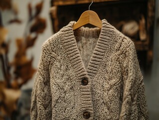 Warm beige cardigan displayed on hanger cozy boutique fashion photography indoor setting close-up view textile aesthetics