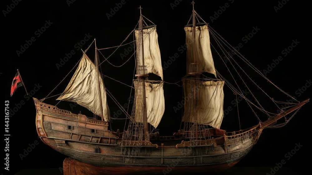 Poster a detailed wooden model of a sailing ship on a decorative stand, great for display or as a prop in p