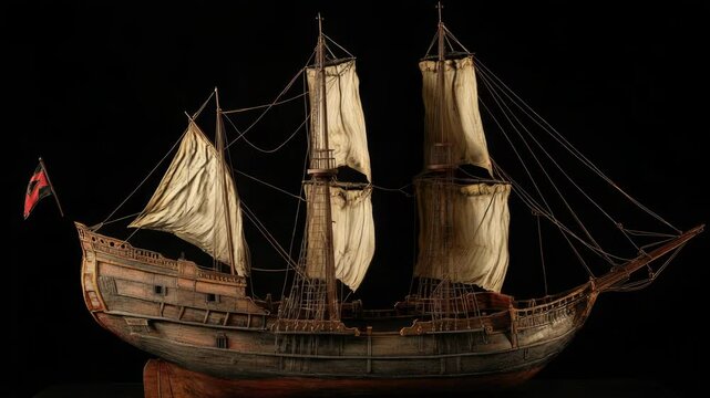A detailed wooden model of a sailing ship on a decorative stand, great for display or as a prop in photographs.