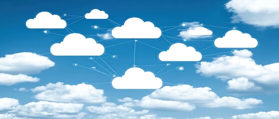 Cloud computing network; interconnected clouds in a blue sky; background of fluffy clouds; digital technology concept