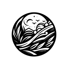 Circular Black and White Landscape Icon: Mountains, Moon, Birds
