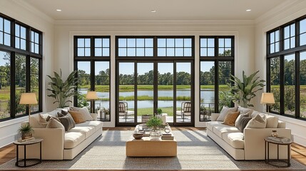 Luxurious living room with expansive lake view, featuring large windows, comfortable sofas, and stylish decor.