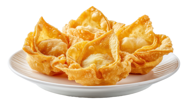 Delicious crispy wontons served on a white plate. transparent background