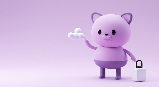 3d cute cartoon illustration, vivid fractal art puter image in soft lavender tones, subject on the right with ample copy space on the left for a technological background photo.
