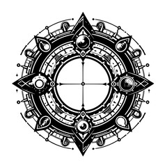 Intricate Steampunk Compass Rose - Geometric Black & White Design